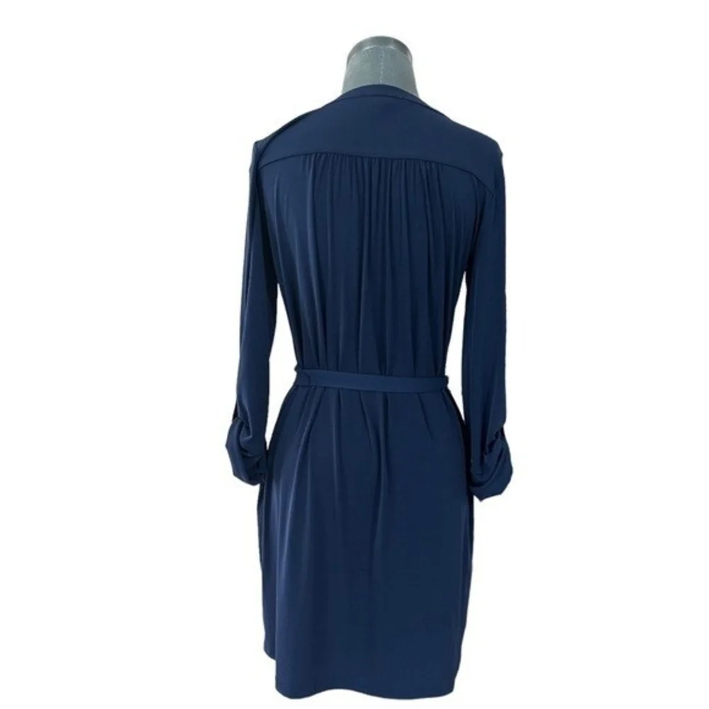 MICHAEL KORS Womens Dress M Navy Blue Midi Gold Chain Lace Up Belted Flowy NWOT